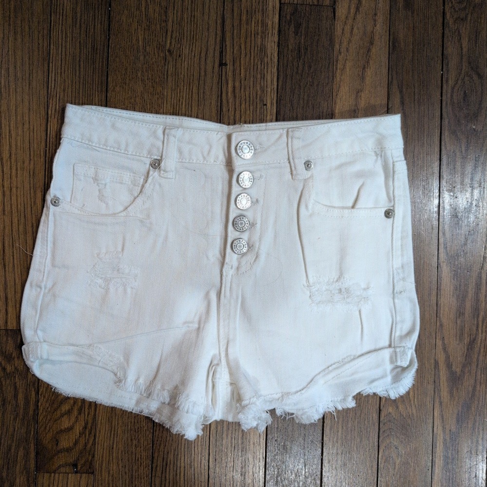 Charlotte Russe Refuge White Distressed Button Fly Cut Off Denim Shorts Size 2
